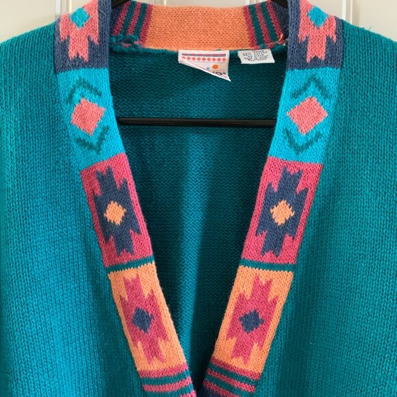Nuovo Vintage Womens Teal Aztec Print V Neck Button Cardigan Ramie Cotton Blend - Picture 4 of 6